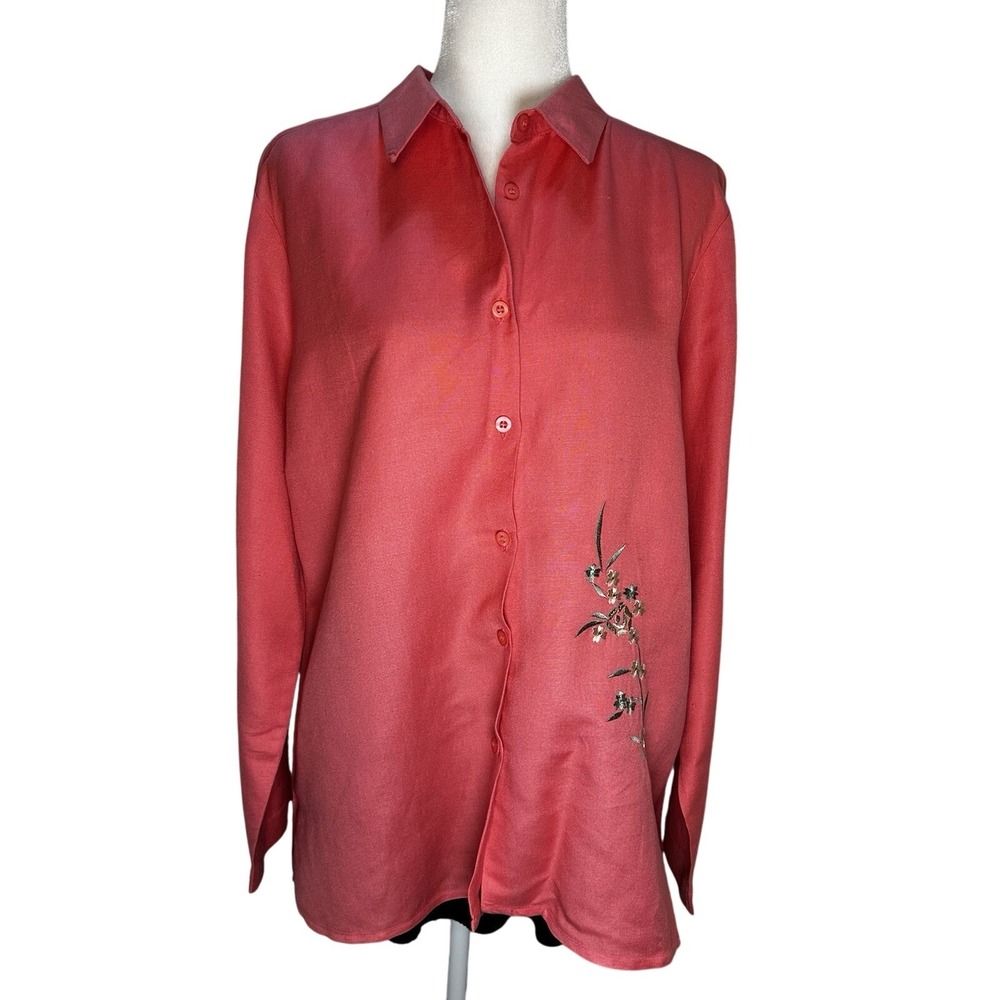 Worthington Button Up Shirt Women's Sz 18 Linen Blend Embroidered Long Sleeves